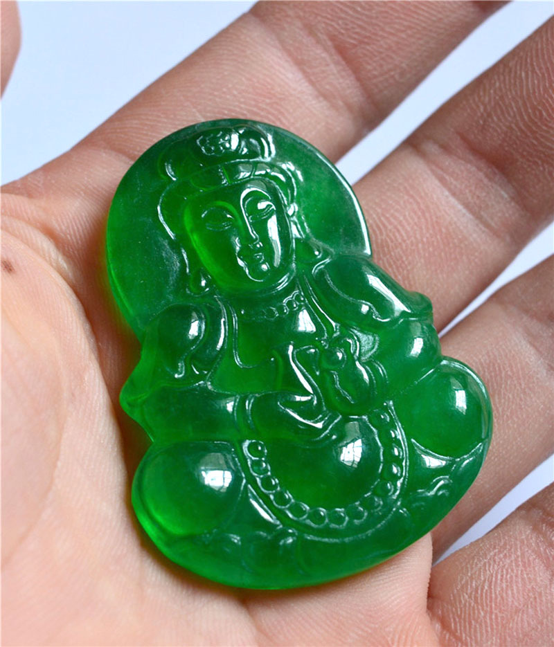天然缅甸a货翡翠观音挂件 老坑玻璃种满绿翡翠吊坠 玉坠项链男款