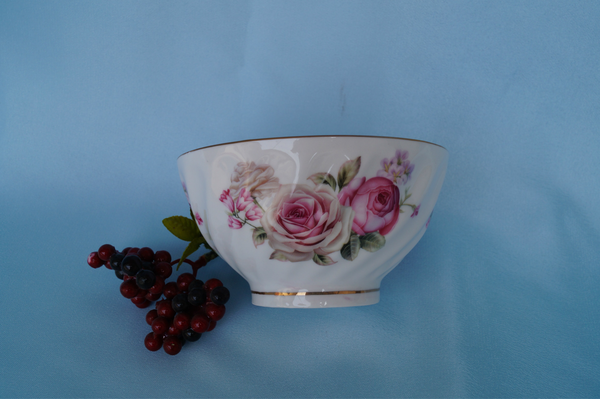 【陶瓷日用品】 5寸罗纹直口碗 镁质玫瑰花碗 潮州陶瓷 民族碗