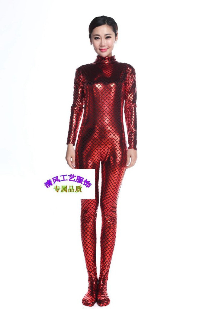 红色鱼鳞连体演出服欧美夜店酒吧歌手dj舞台表演服高弹涂胶半包衣
