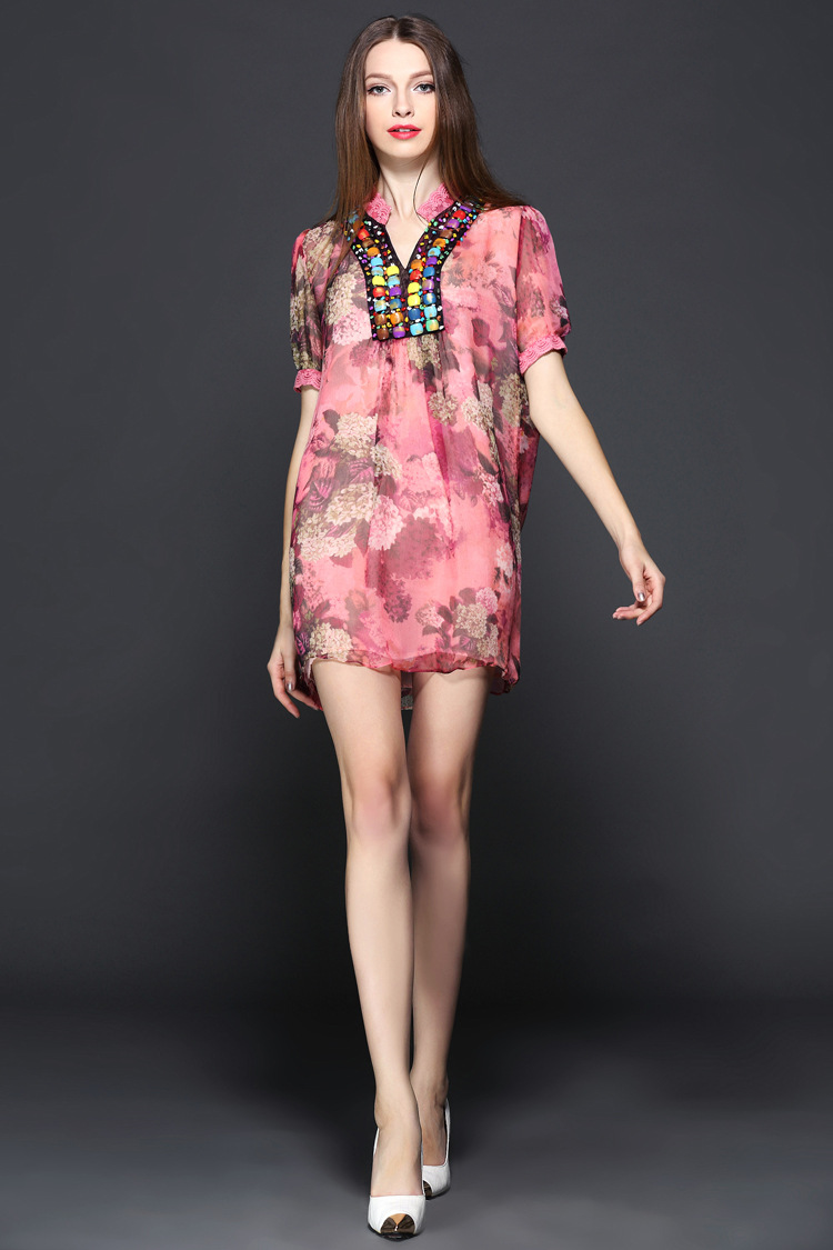 欧美大牌2015春夏季新款女装优雅真丝短袖连衣裙天然桑蚕丝裙子女