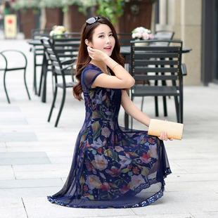 哥弟品牌女装夏天新款真丝雪纺连衣裙显瘦气质中长裙短袖花布批发