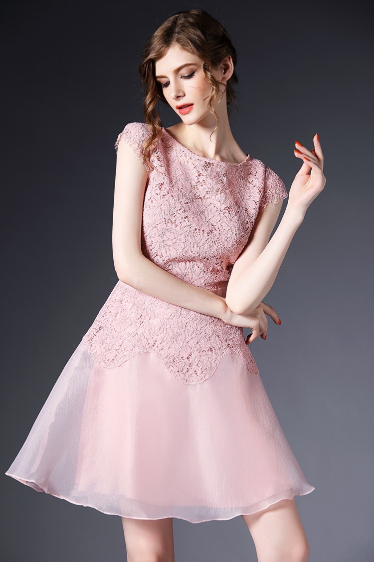 6142 2015夏季新款欧美女装欧洲站 无袖蕾丝拼接欧根纱连衣裙