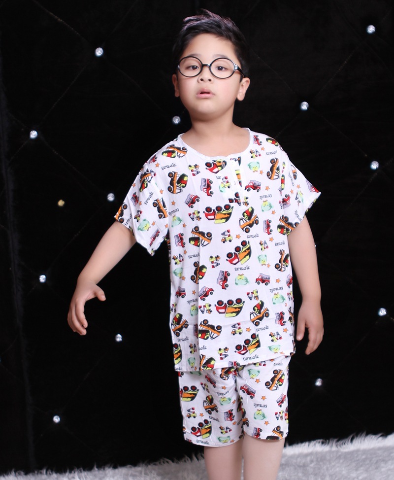 儿童绵绸睡衣批发 夏季全棉绸空调服套装 男童女童 卡通短袖短裤