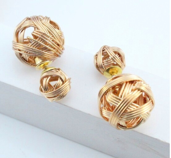 新款韩国拉丝镂空毛线球双面佩戴双头个性潮女独特耳钉 厂家批发