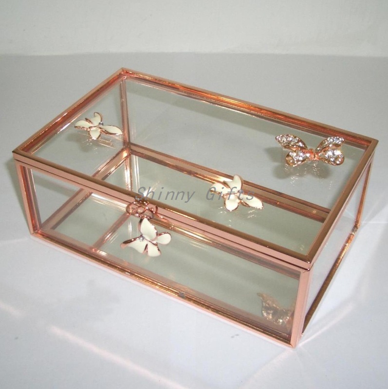 手工婚礼赠品电镀玫瑰金蝴蝶玻璃首饰盒镶钻玻璃首饰盒婚礼装饰