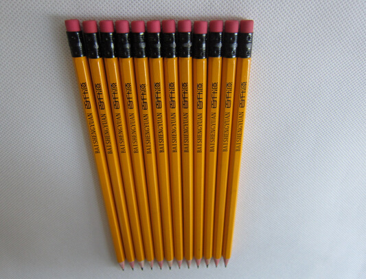 hb黄色油漆带皮头铅笔黑色铝套红色橡皮