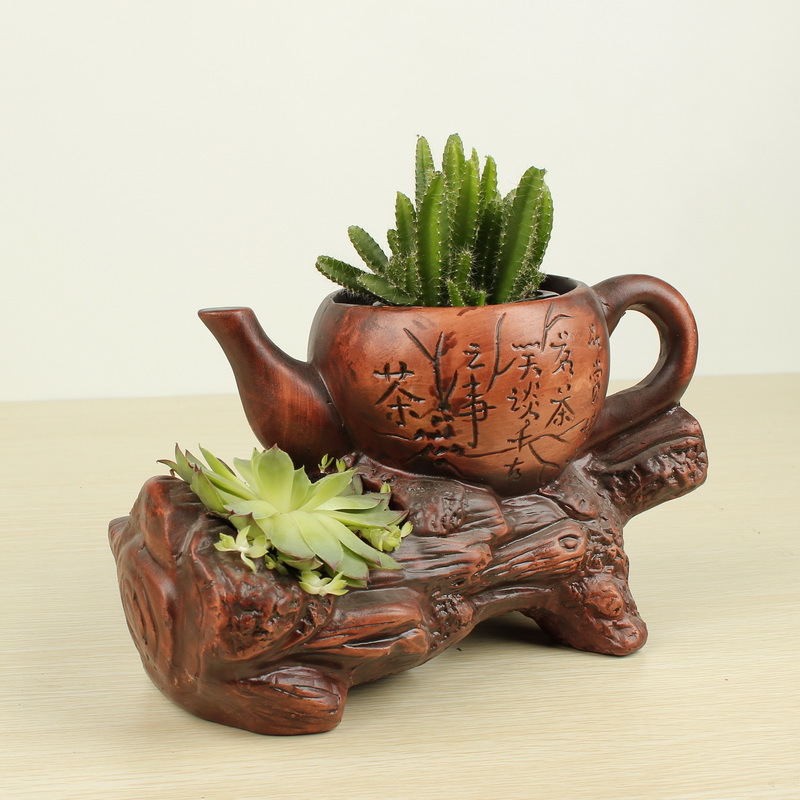 新款多肉大花盆红陶 创意茶壶形状绿植盆栽 工艺品摆件 10063