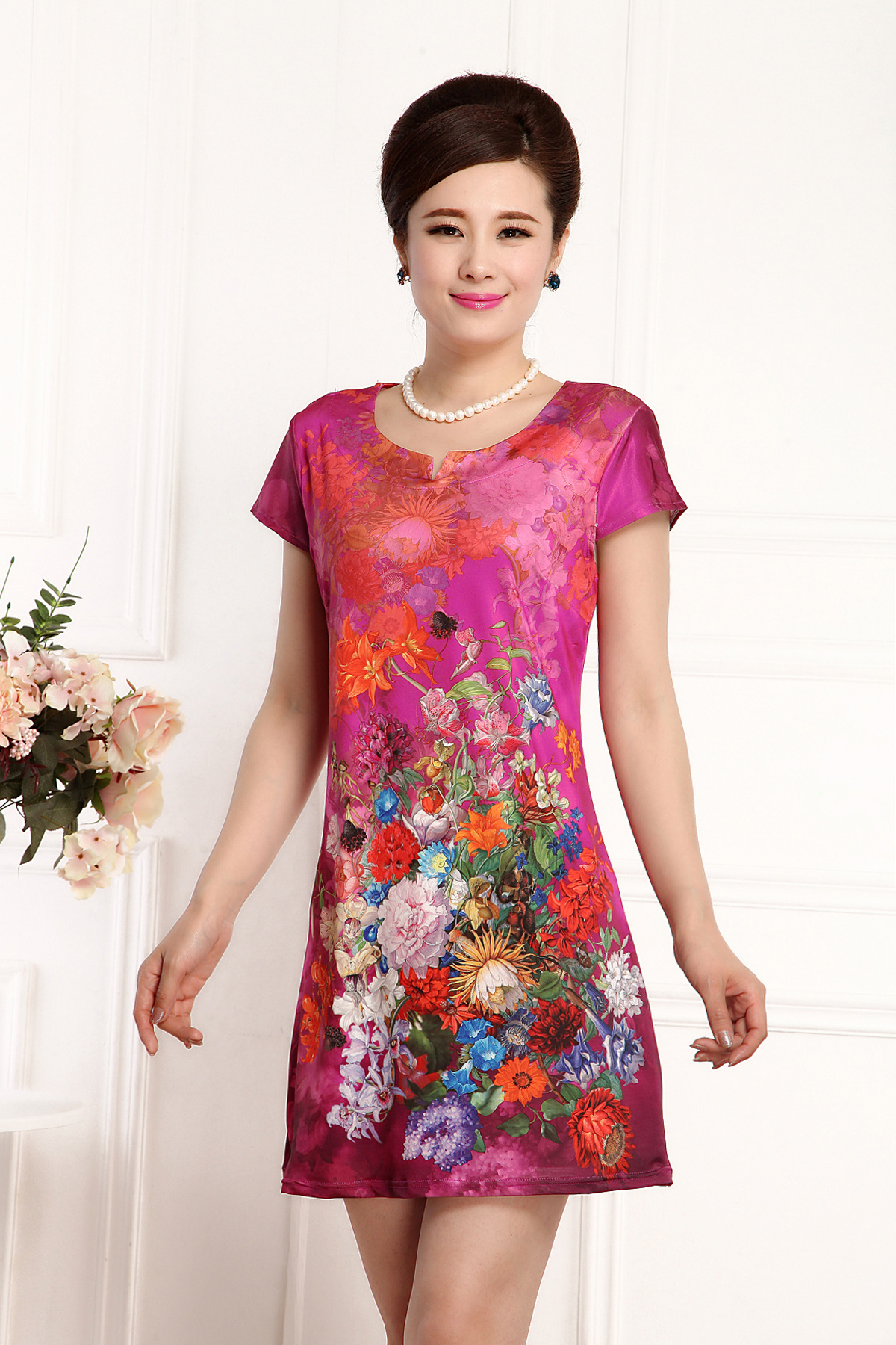 中年妈妈装中老年连衣裙35-40修身显瘦大码妇女装短袖花裙子夏装