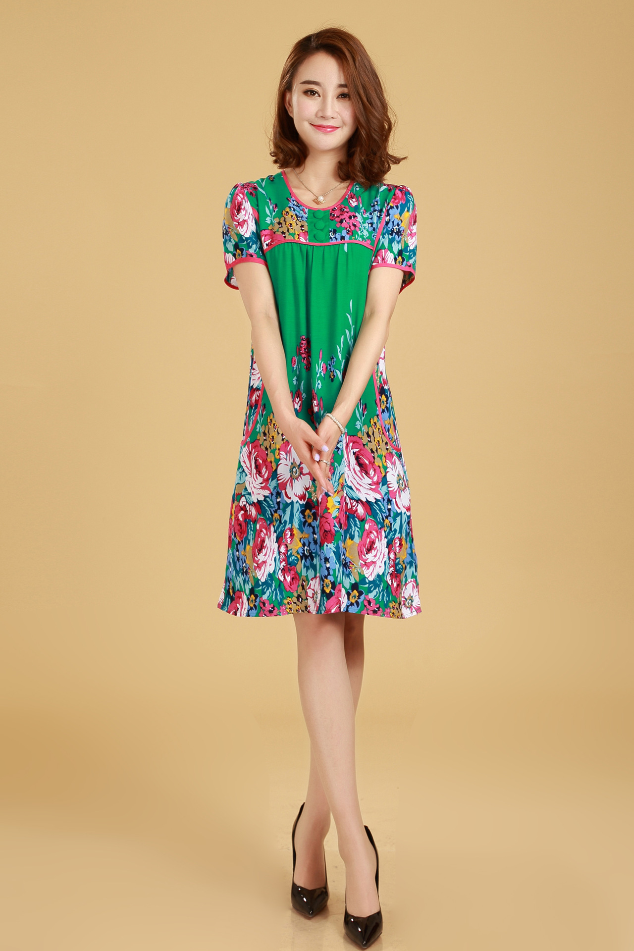 2014夏季新款宽松花色圆领纯棉连衣裙 大码中老年妈妈女装连衣裙