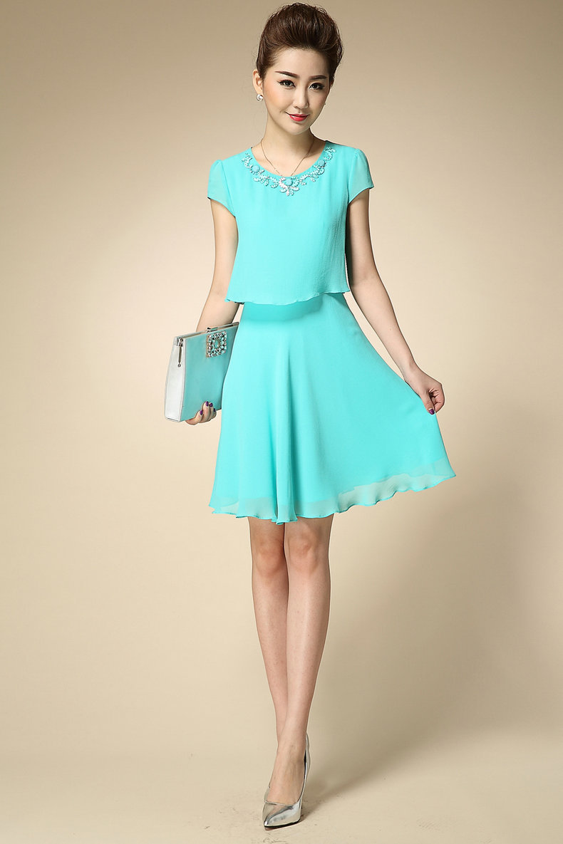 落花丝序纯色高档短袖真丝连衣裙2015女夏装 中长双层重磅桑蚕丝