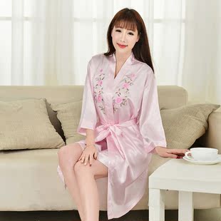 新品 欧洲站优雅女士绣花真丝睡衣吊带深v性感纯色睡裙睡袍两件套