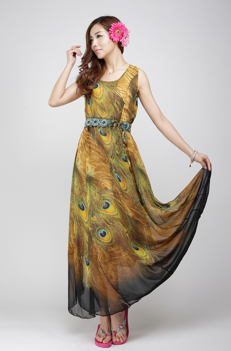 连衣裙-新品2015夏波西米亚雪纺真丝长裙海边度假裙连衣裙孔雀大摆裙