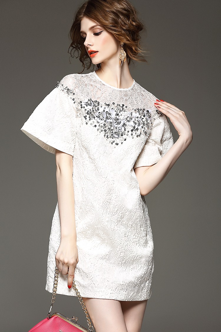 2015夏季新款 欧美简约钉珠喇叭袖拼接女装连衣裙907146