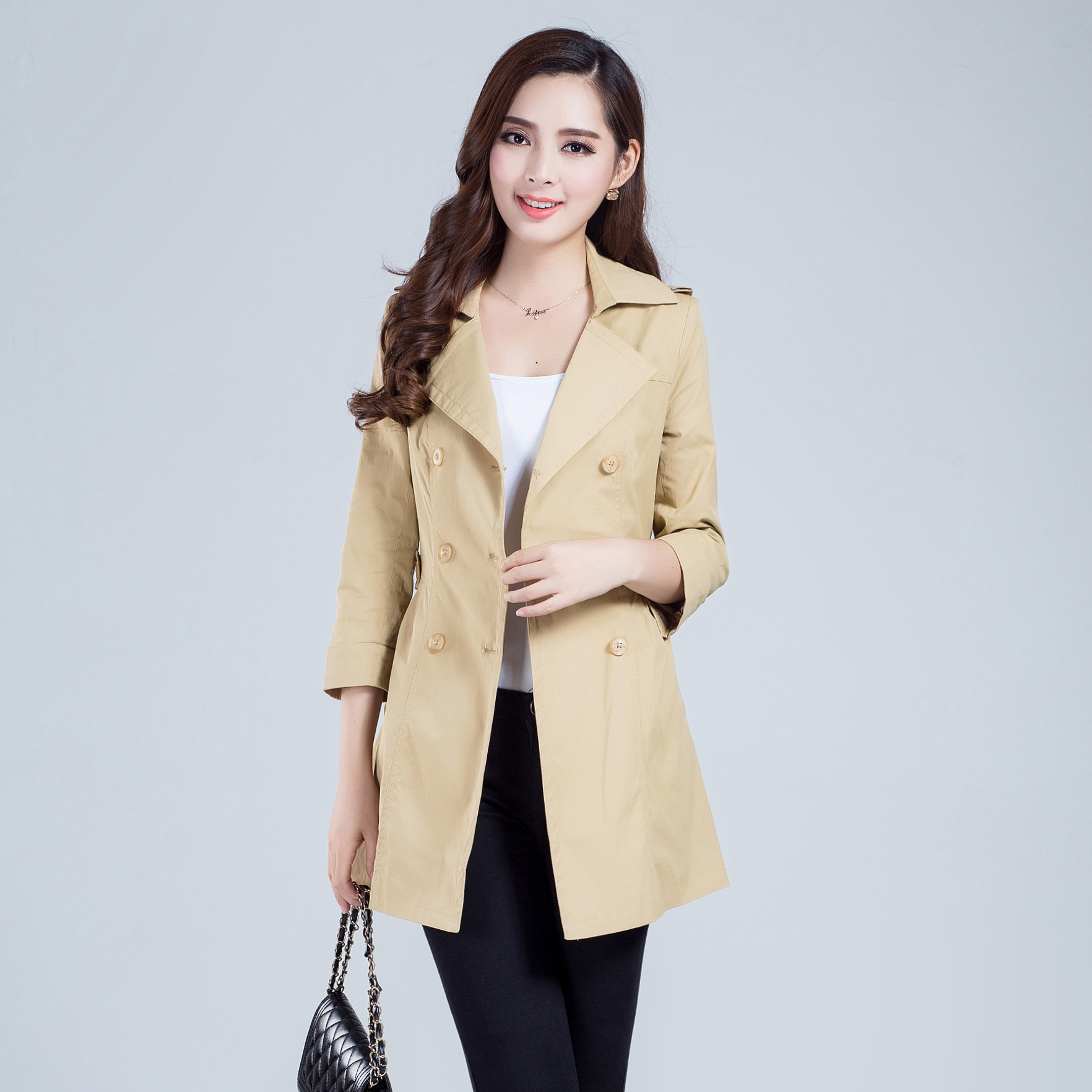 2015新款韩版大码双排扣风衣女 品牌时尚显瘦收腰中长款女装