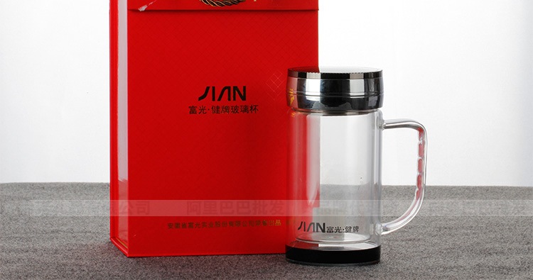 富光双层玻璃杯子 健牌茶水杯 定制logo带盖滤网口杯x107-280批发