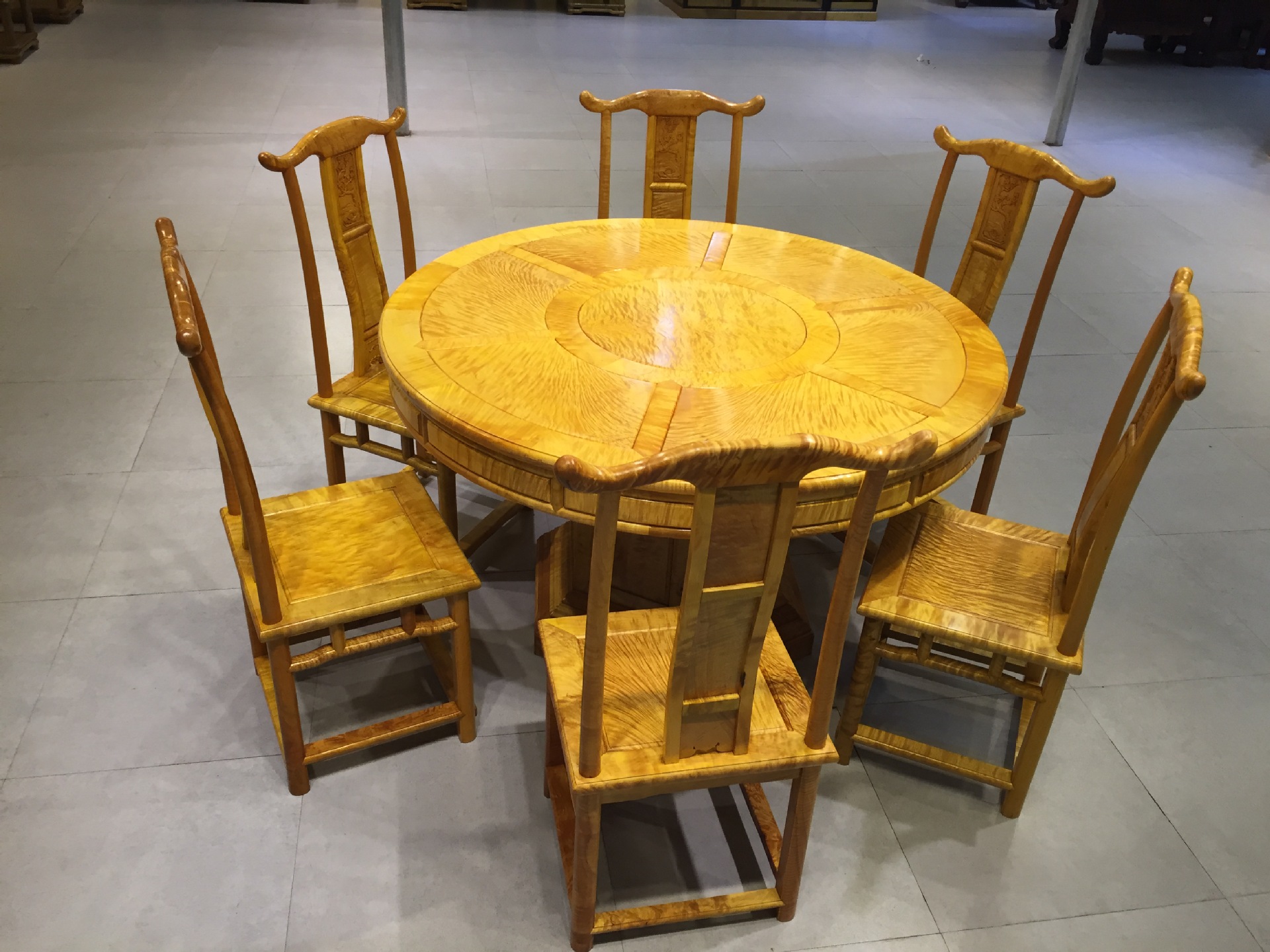 艺龙阁古典家具金丝楠全大叶金丝楠圆餐桌七件套厂家直销