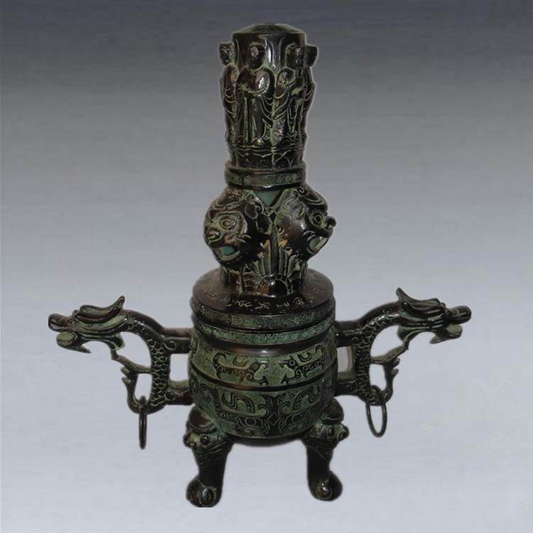 批发仿古青铜器摆件驱邪镇宅古玩古董 包老浆工艺品 双龙熏炉