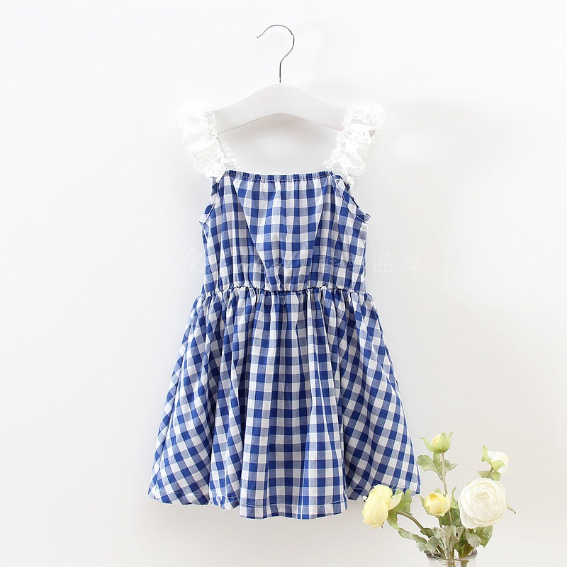 pinkideal 夏季新款女童裙批发 甜美格子收腰l连衣裙儿童裙330681