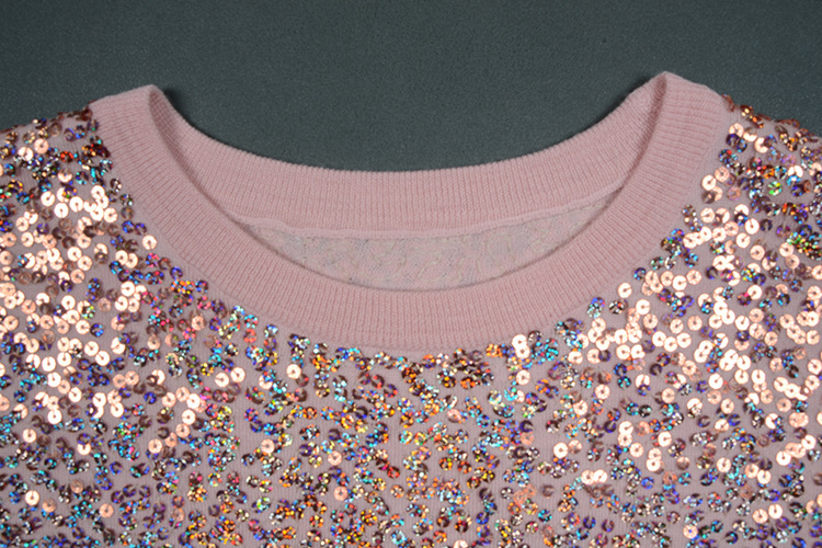 春秋新款欧美短款亮片毛衣套头短袖羊毛针织衫上衣女