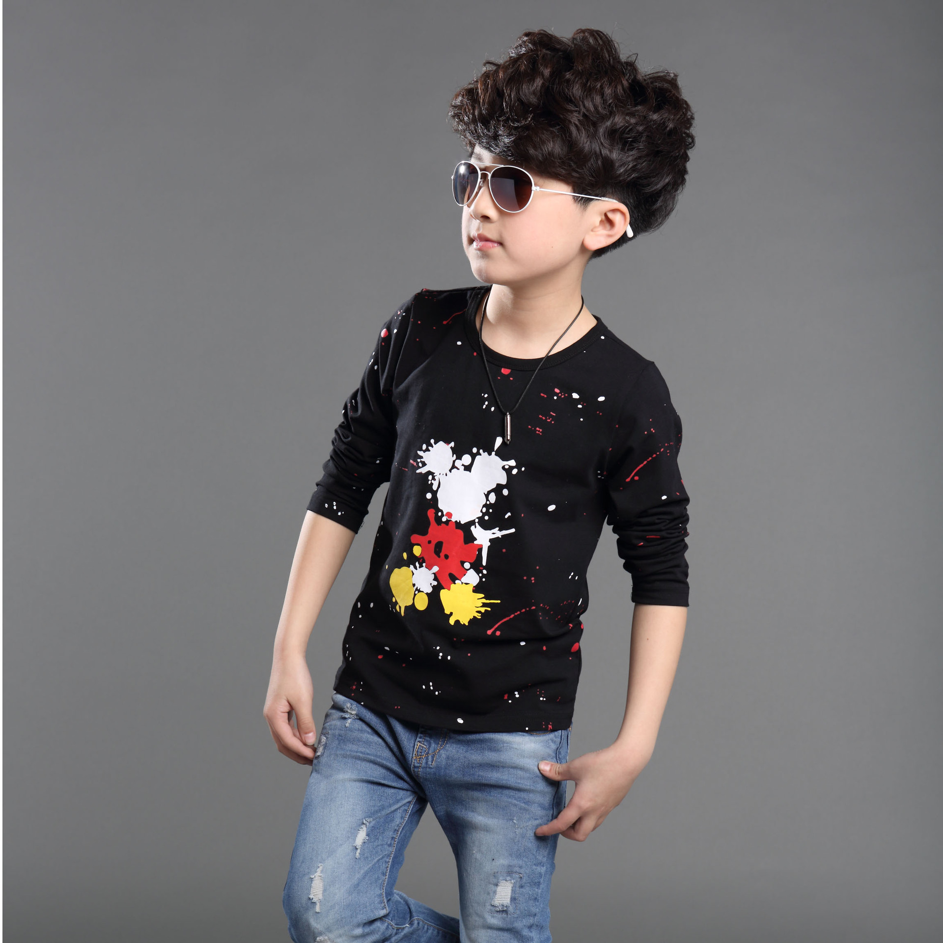 童装t恤2015春款男童中大童时尚印花圆领长袖儿童打底衫