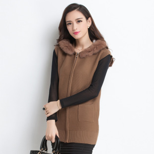 2015欧美女装 连帽针织马甲背心厚外搭秋冬外套拉链针织开衫爆款