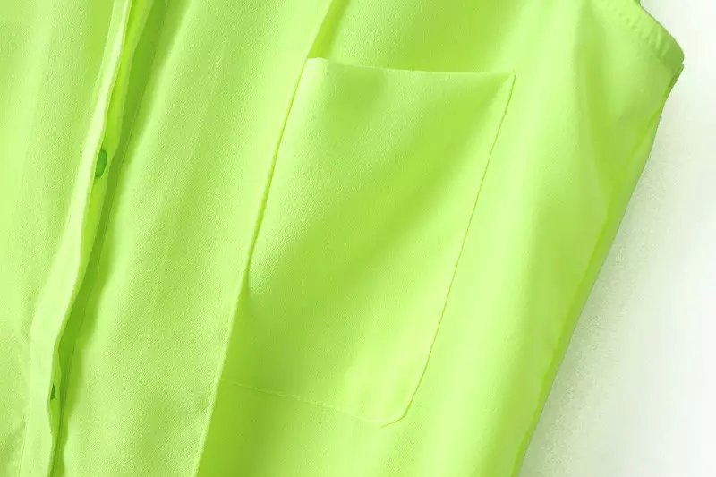 速卖通 2015夏季新款欧美女装纯色荧光绿翻领无袖雪纺衬衫 女式
