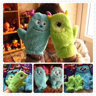 日本原宿童趣毛绒软萌 外贸出口 大眼仔怪兽大学毛怪 保暖手套
