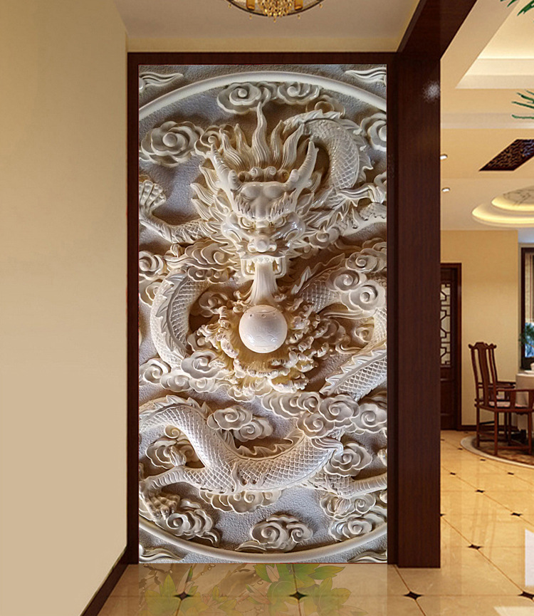 玄关中式龙电视沙发背景墙无缝壁布大型壁画纸壁纸墙布