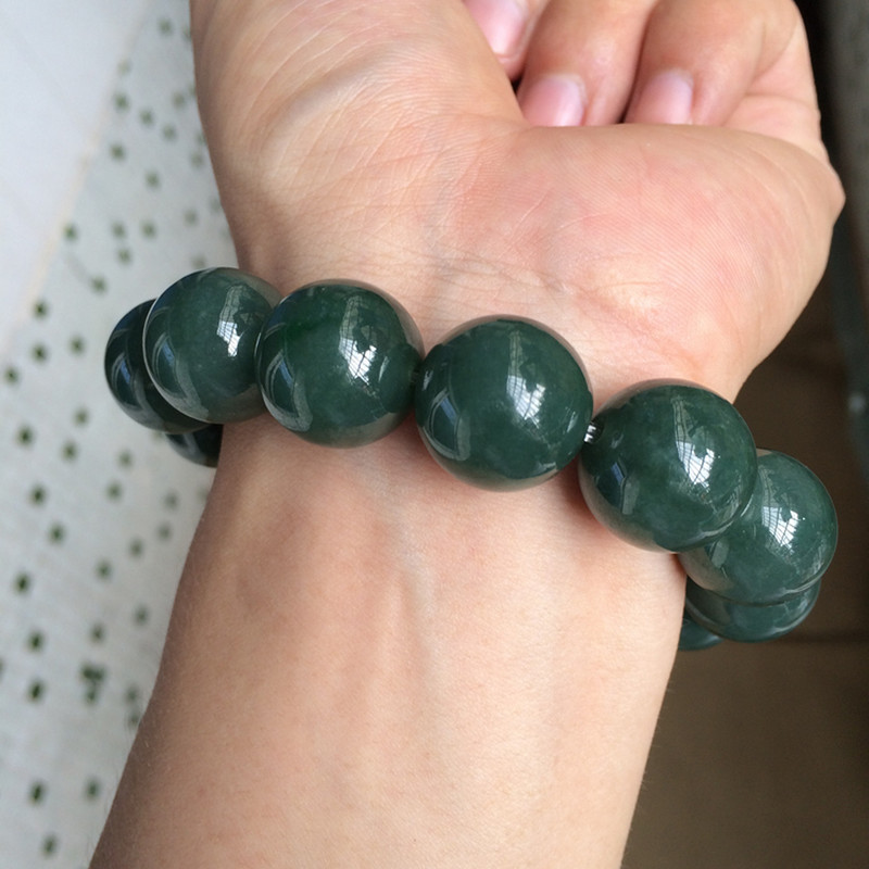 天然翡翠a货油清手链 缅甸玉石霸气男士油绿圆手串13mm翡翠批发