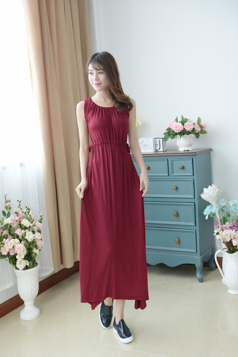 简约系带抽绳莫代尔连衣裙女显瘦堆堆领大摆裙拖地裙长裙 2015新