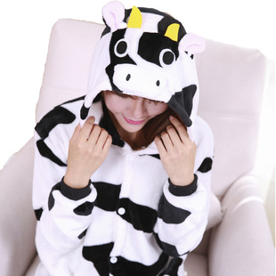 春冬法兰绒卡通动物奶牛连体睡衣加厚珊瑚绒男女情侣可爱如厕