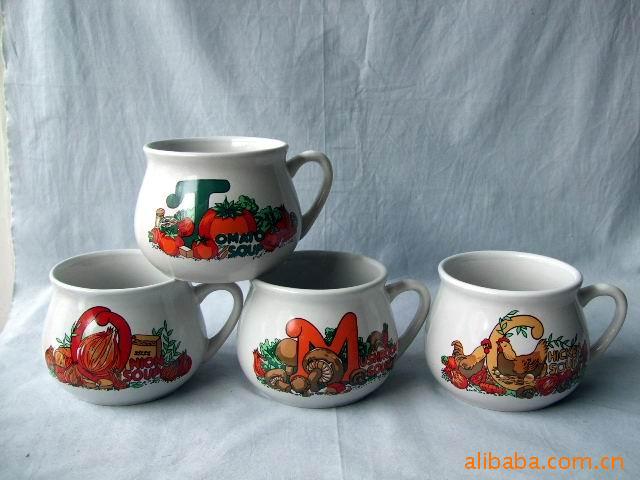 批量各种烤花陶瓷反口汤壶汤杯